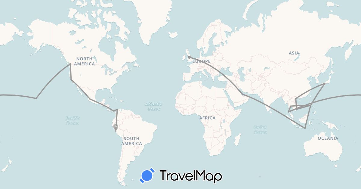 TravelMap itinerary: driving, plane in Canada, Colombia, United Kingdom, Indonesia, Japan, Mexico, Nicaragua, Panama, Peru, Philippines, Qatar, Thailand, United States, Vietnam (Asia, Europe, North America, South America)